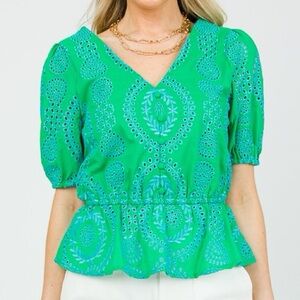 Skies Are Blue Ooh Yeah Green Embroidered Peplum Top